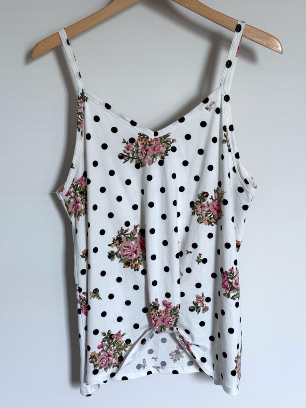 DOUBLJU White Polka Dot Floral Rose Gathered Hem Cami Tank Top XL